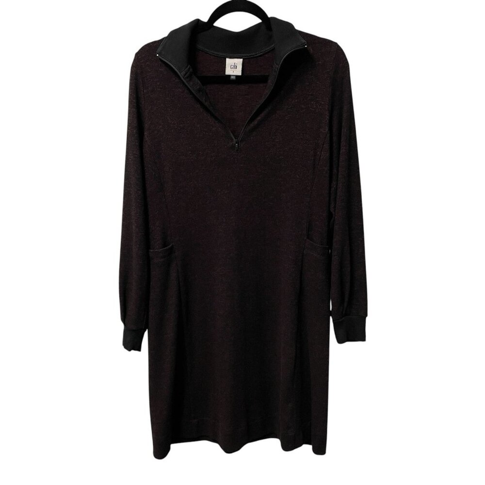 CABI DRESS LONG SLEEVE 1/4 ZIP BURGUNDY BLACK HEATHERED STRETCH WOMENS S #4215